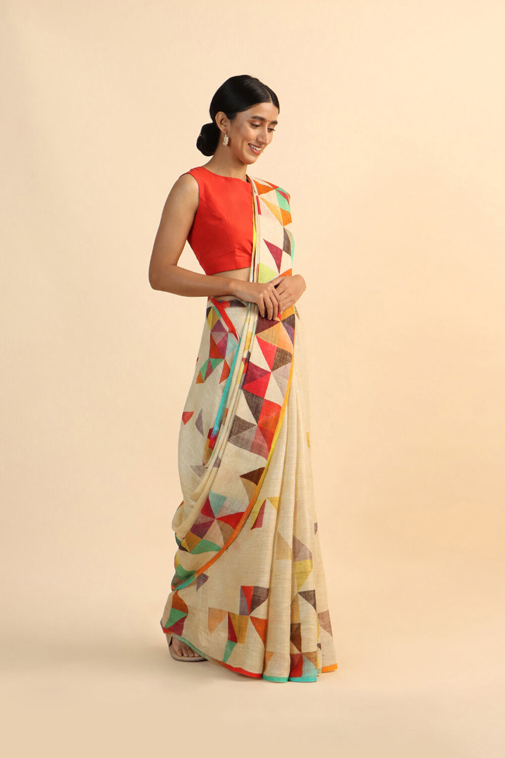 Beige Pure Linen Digital Printed Saree image number null
