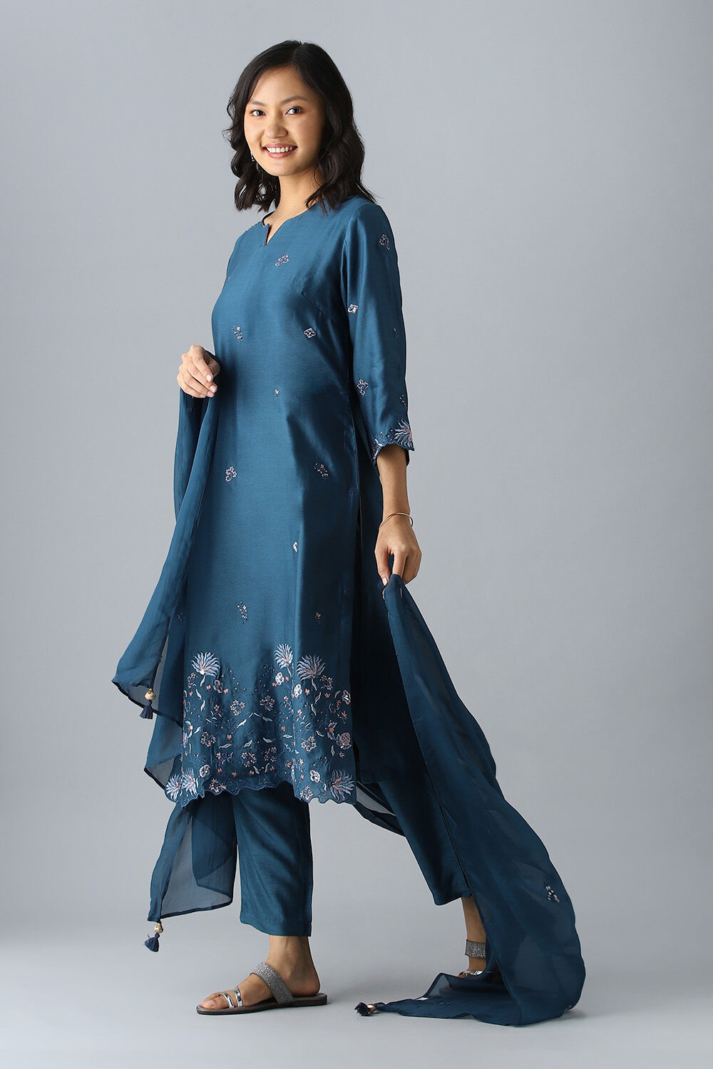 Dark Blue Embroidered Silk Cotton Kurta Set image number null