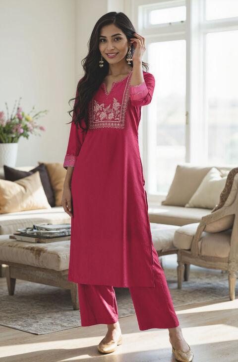 Dark Pink Pure Silk Cotton Embroidered Kurta