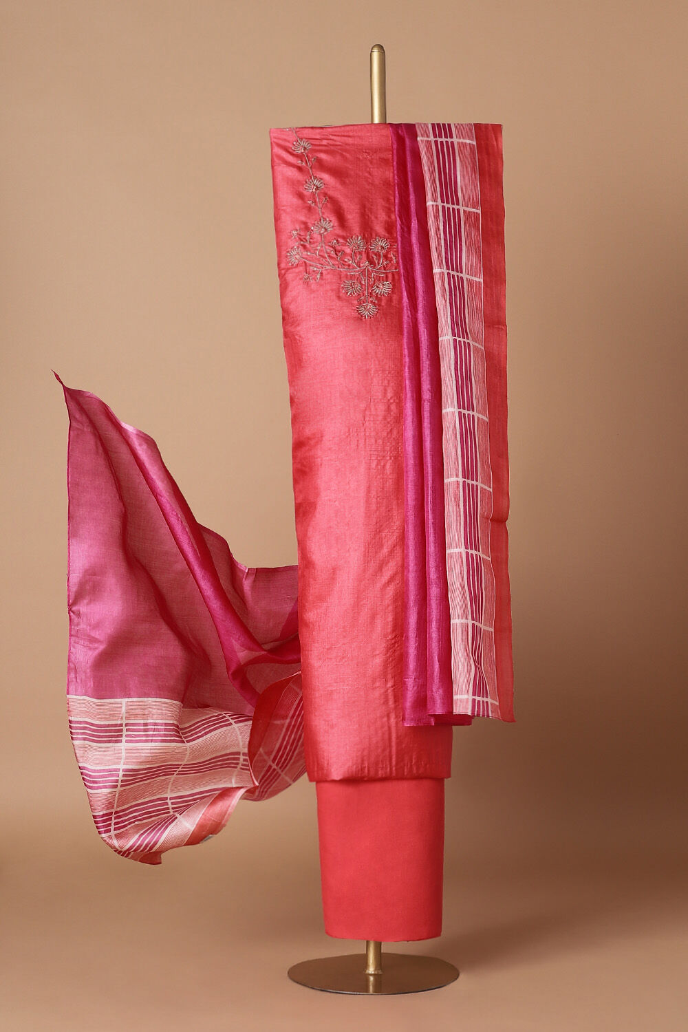 Red Tussar Embroidered Unstitched Suit Set image number null