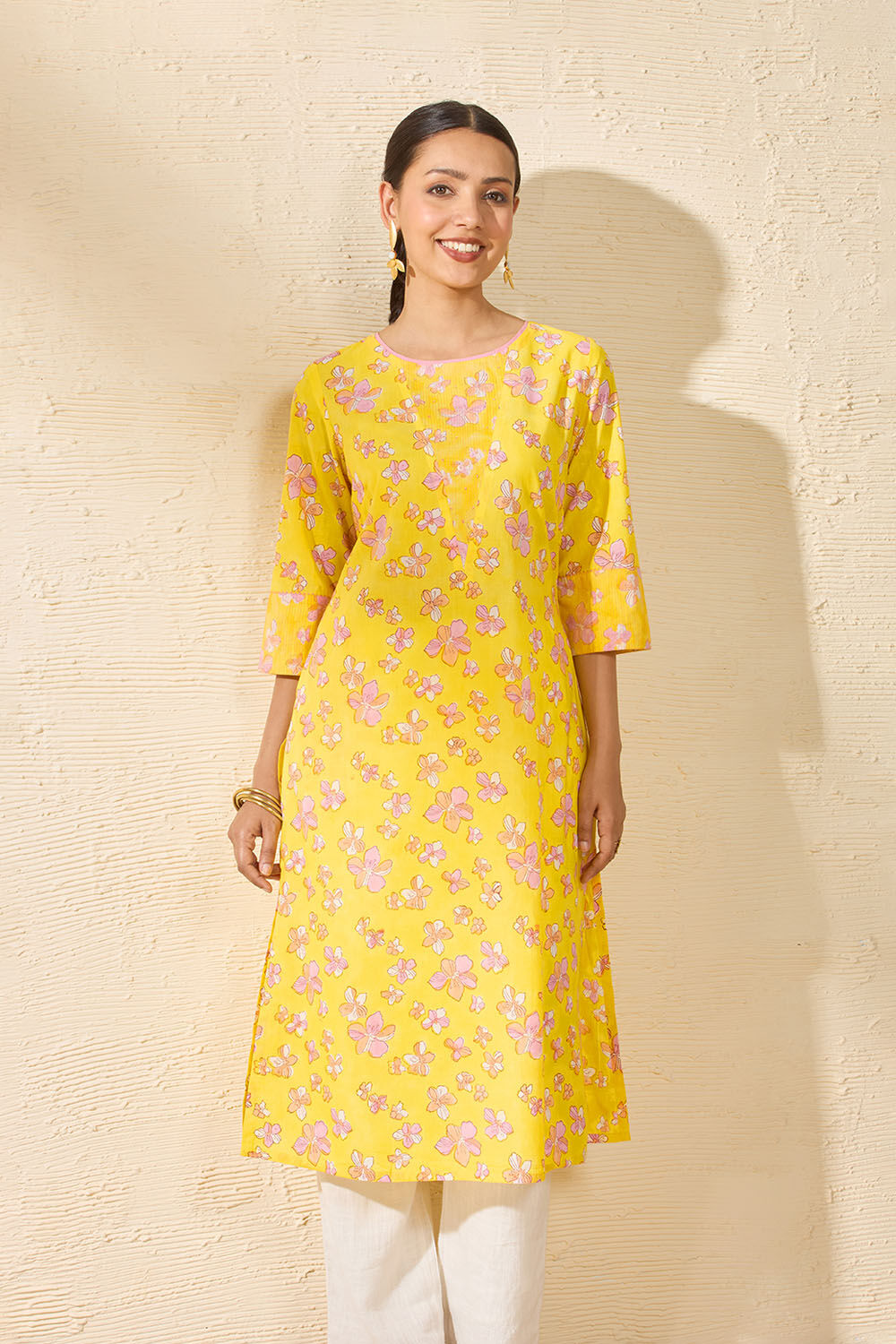 Yellow Sanganeri Block Printed Pure Cotton Kurta image number null