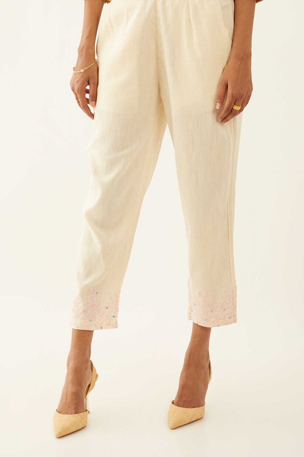 Off White Viscose Embroidered Trouser image number null