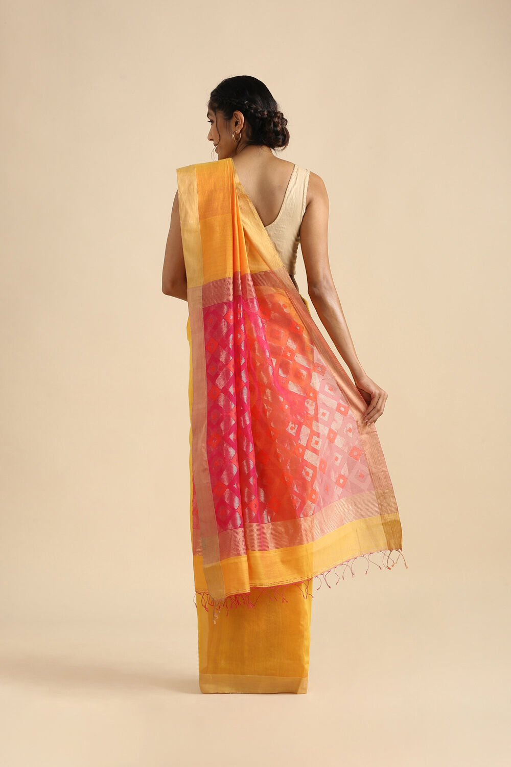 Yellow Pure Silk Cotton Bengal Saree image number null