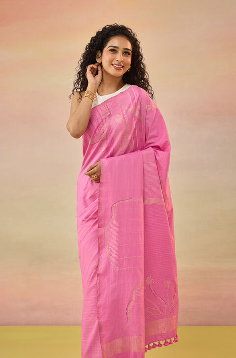 Pink Bengal Pure Tussar Cotton Jamdani Saree