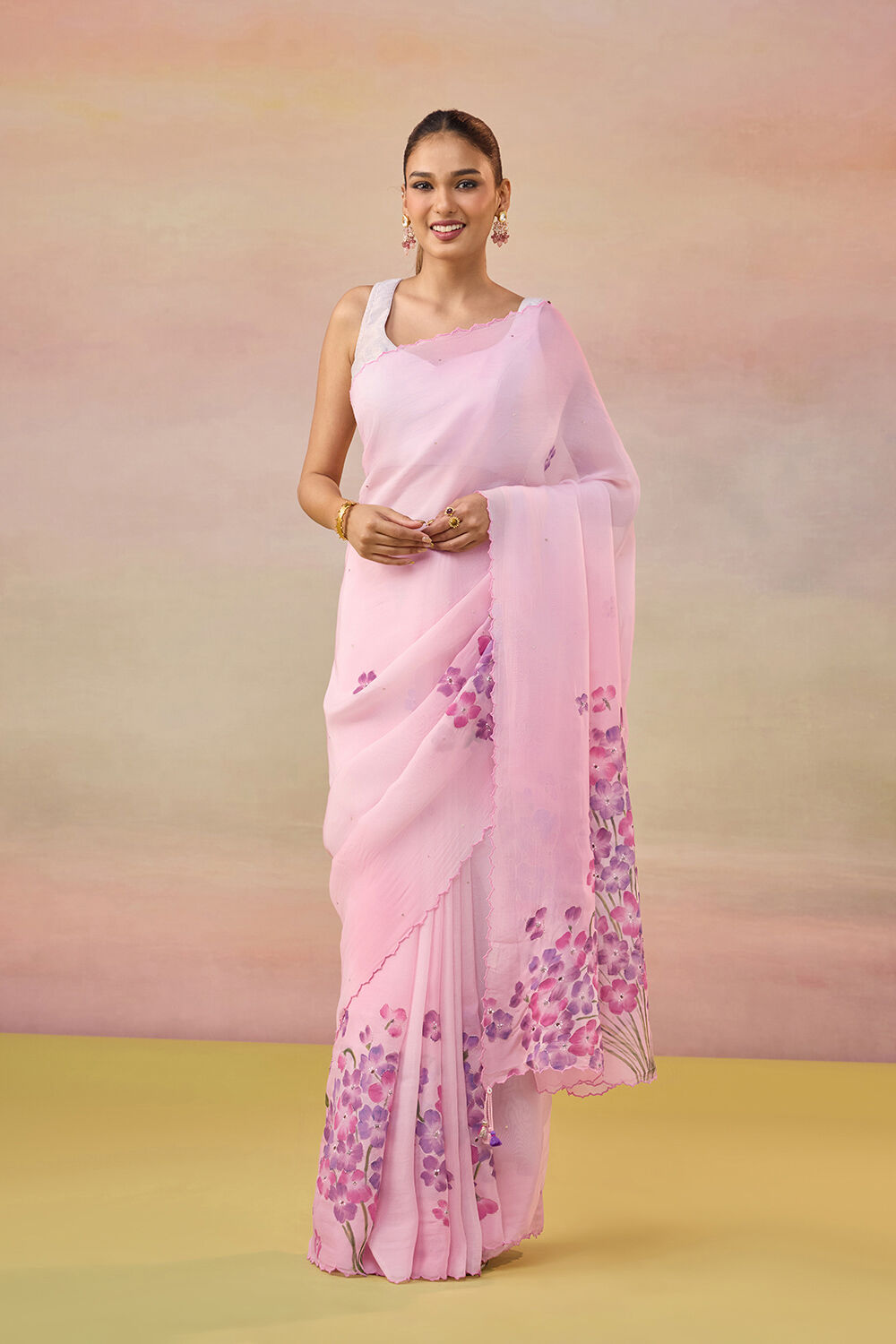 Pink Hand Painted Embroidered Viscose Organza Bengal Saree image number null