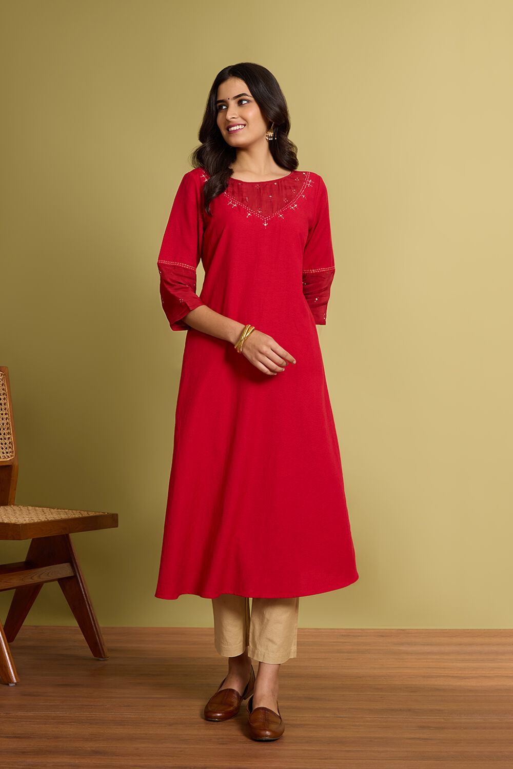 Red Cotton Viscose Mukaish Kurta image number null