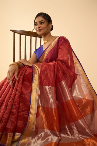 Orange Woven Pure Silk Tissue Maheshwari Saree thumbnail image number null
