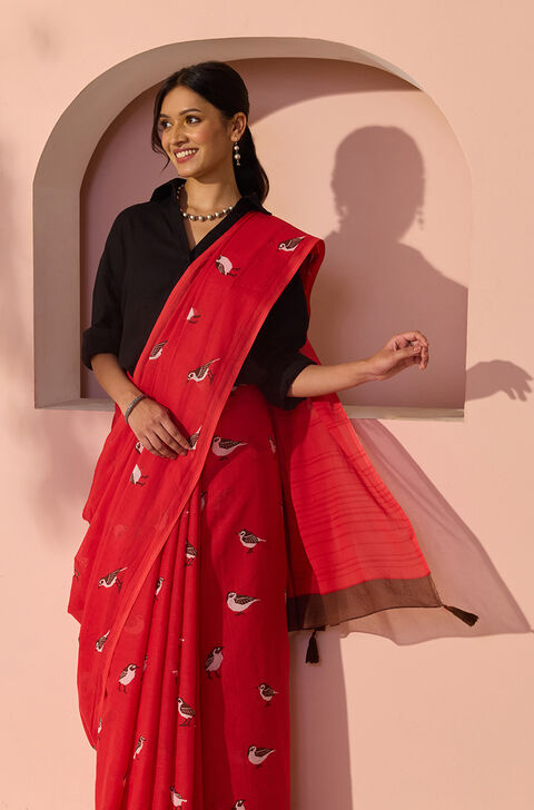 Red Bengal Screen Printed Pure Cotton Mulmul Saree