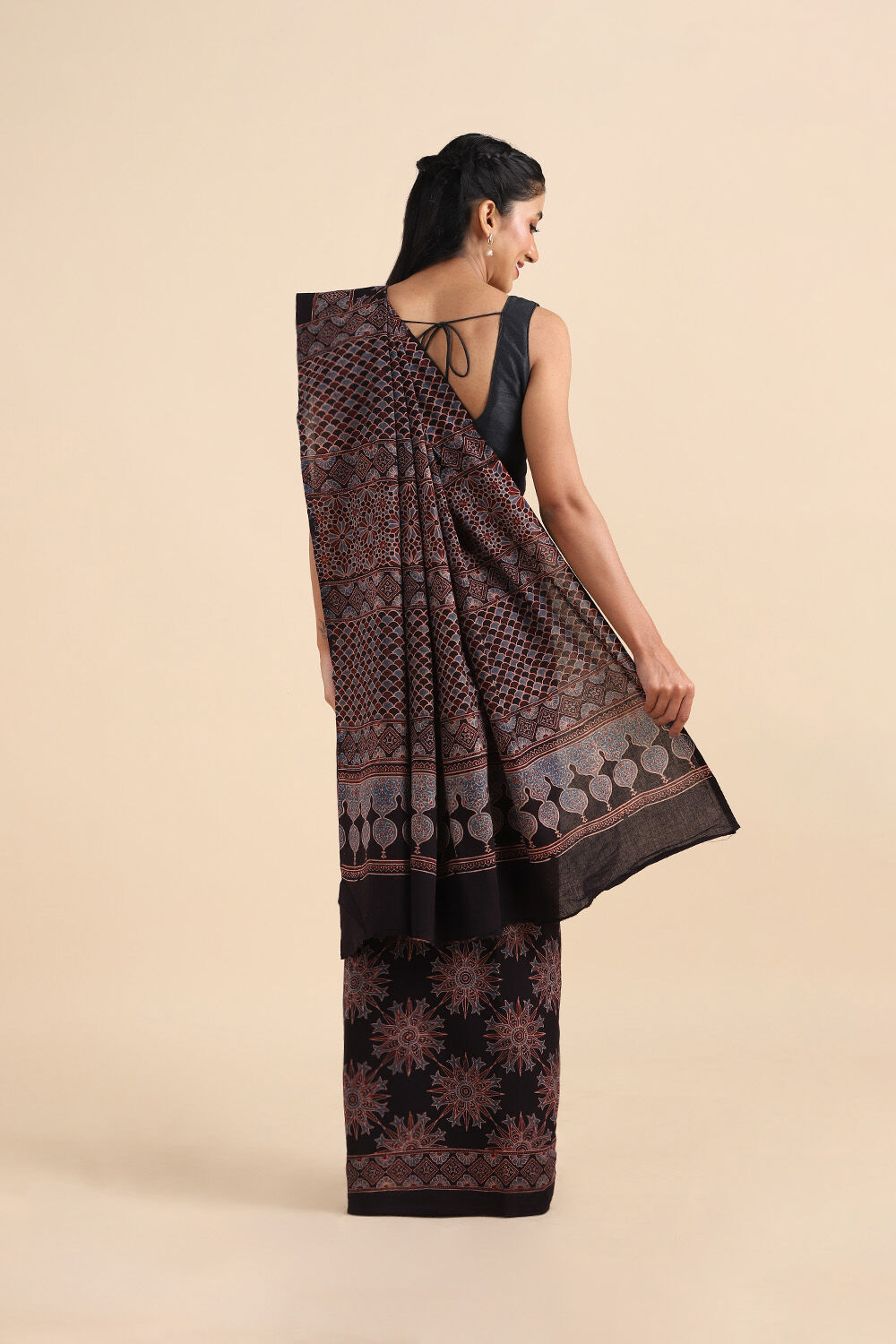 Black Pure Cotton Ajrakh Printed Saree image number null