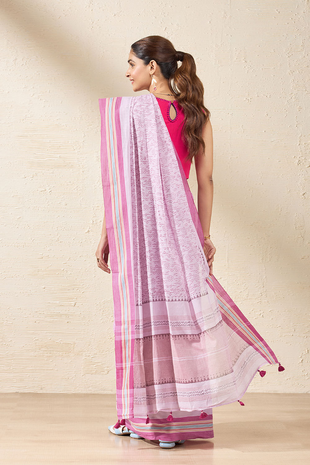 Pink Pure Cotton Block Printed Bengal Saree image number null
