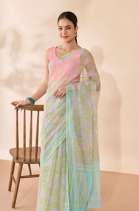 Green Rajasthan Block Printed Pure Cotton Kota Saree