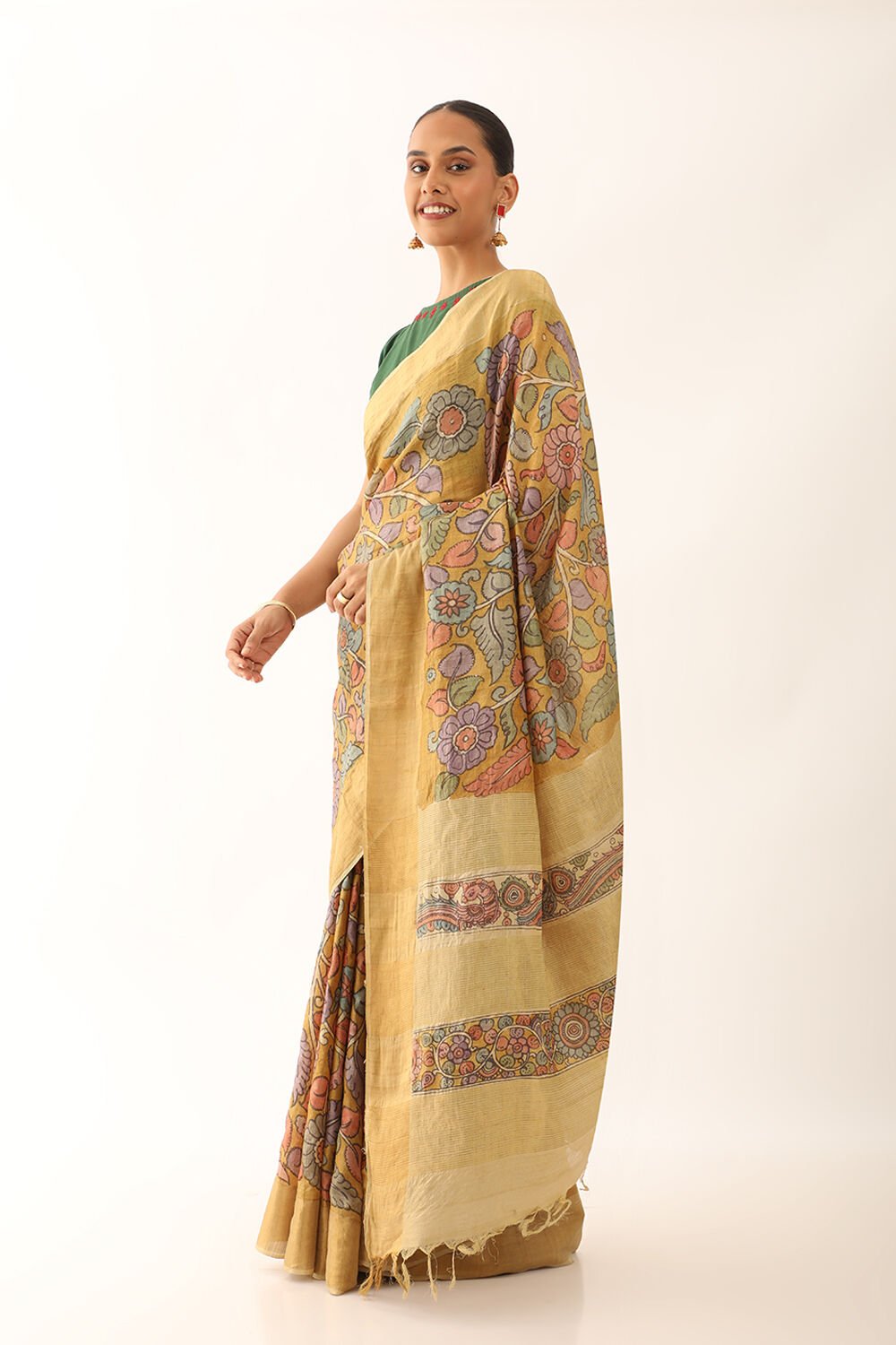 Yellow Srikalahasti Pure Tussar Silk Kalamkari Saree image number null