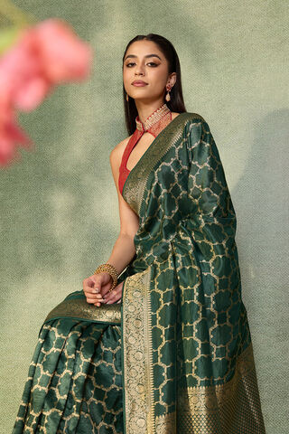 Dark Green Woven Design Viscose Saree image number