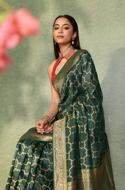 Dark Green Woven Design Viscose Saree