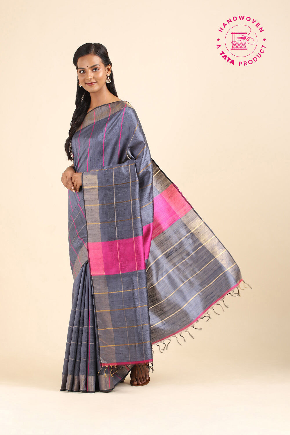 Grey Pure Tussar Silk Bhagalpuri Saree image number null