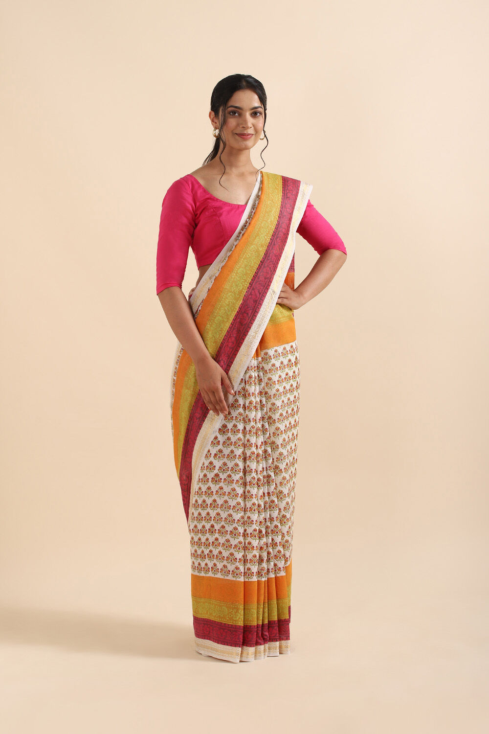 Off White Pure Silk Cotton Sanganeri Printed Saree image number null