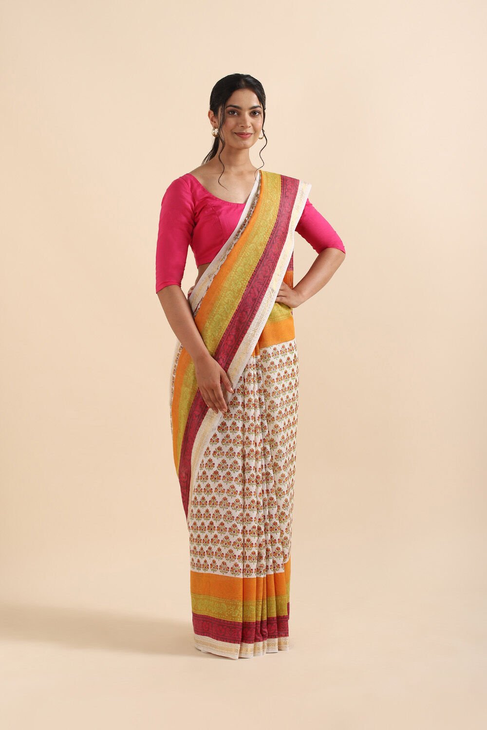 Off White Pure Silk Cotton Sanganeri Printed Saree image number null