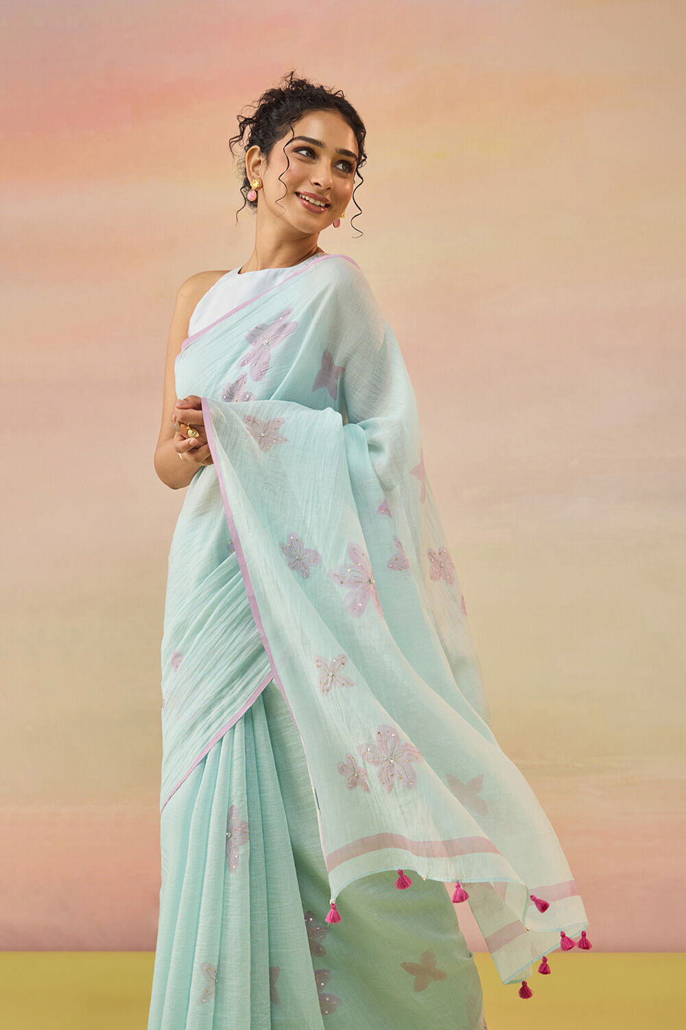 Light Blue Bengal Pure Silk Cotton Hand Painted Embroidered Saree image number null