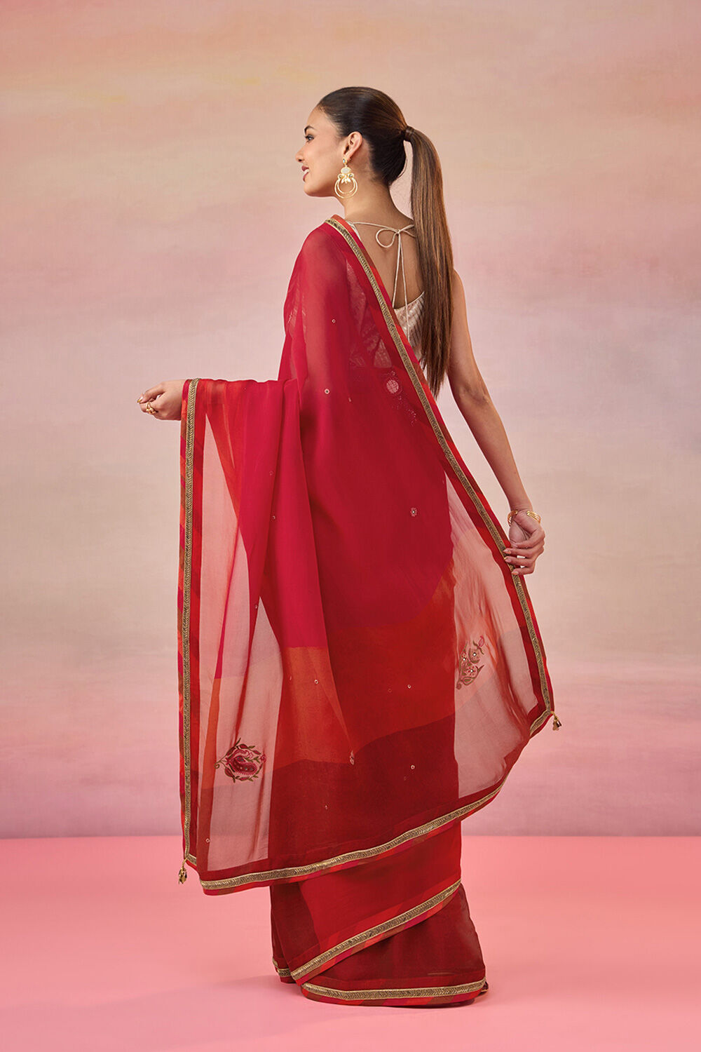 Red Viscose Organza Embroidered Saree image number null