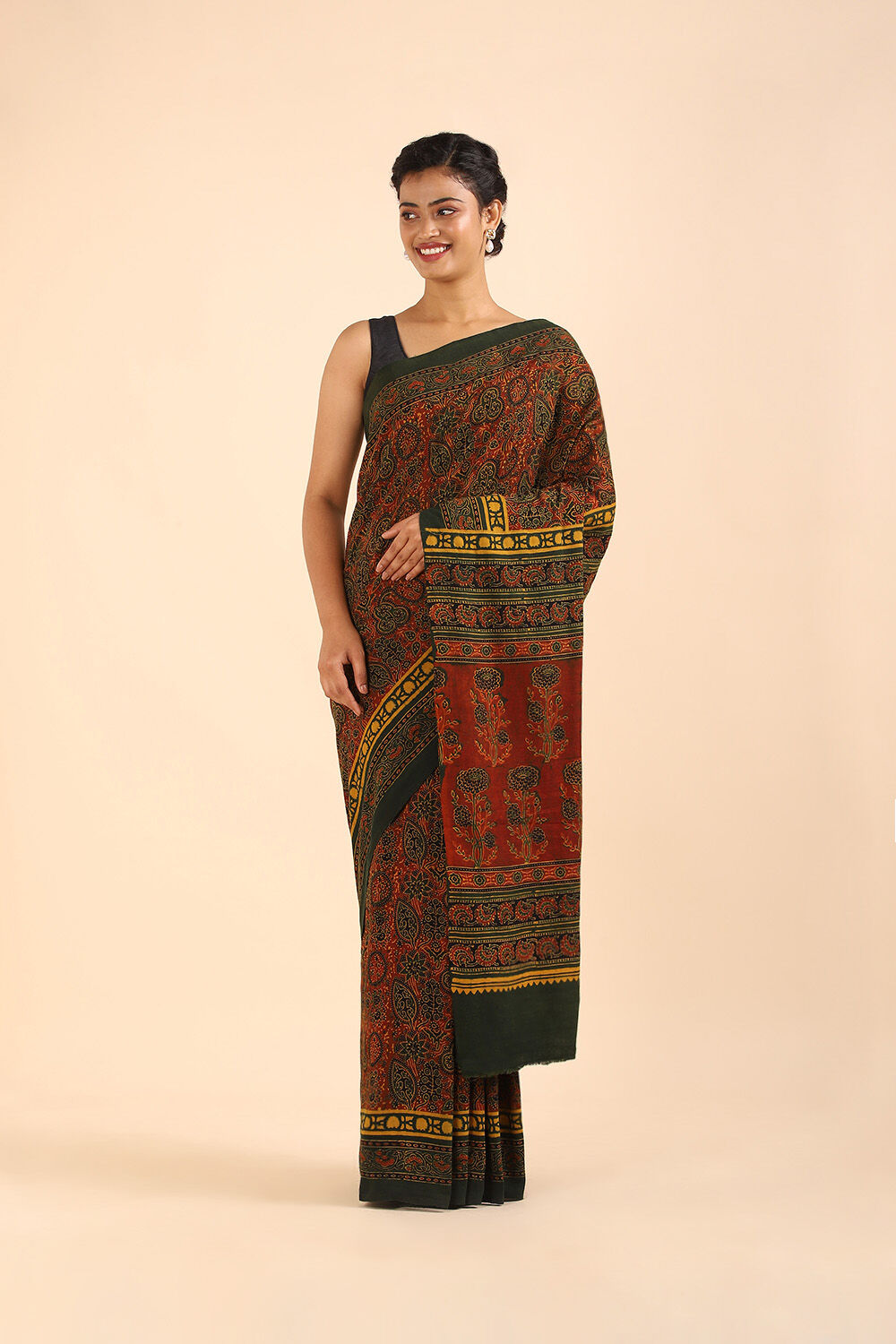 Red Pure Khadi Cotton Ajrakh Printed Saree image number null