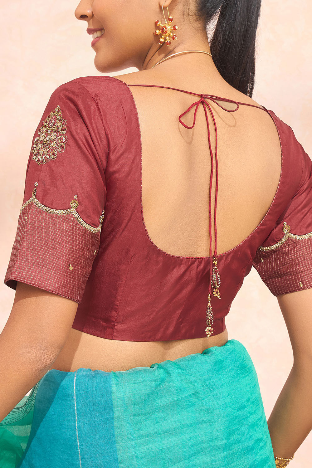 Red Pure Silk Embroidered Blouse image number null