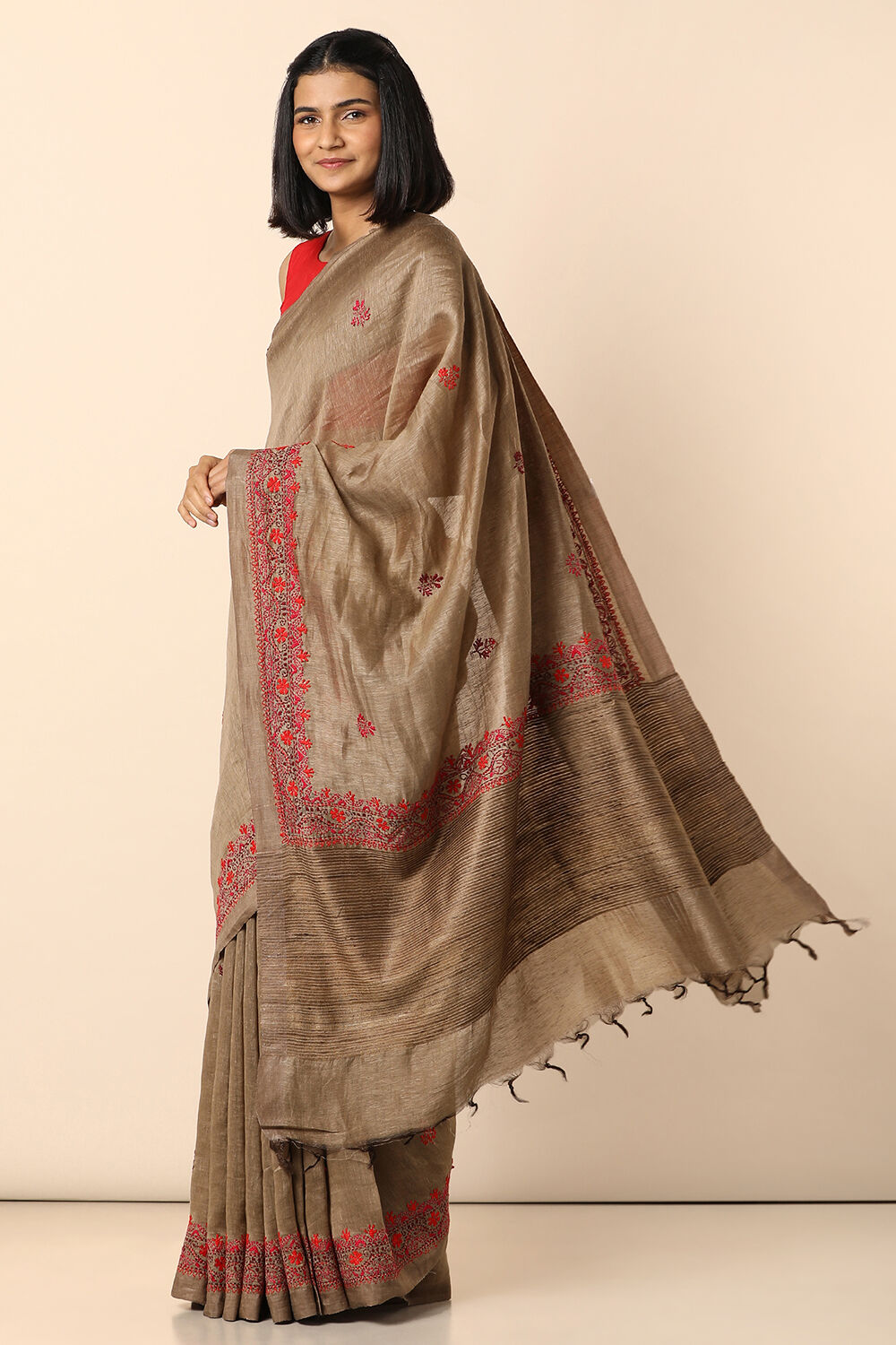 Beige Embroidered Pure Silk Linen Saree image number null