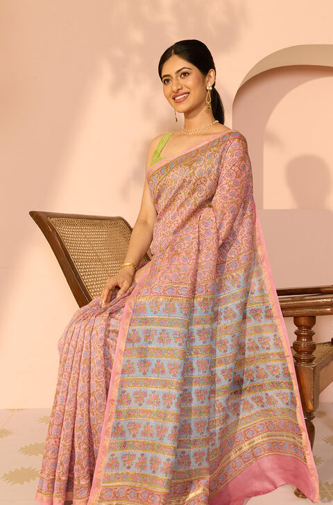 Pink Bagru Pure Silk Cotton Printed Sanganeri Saree