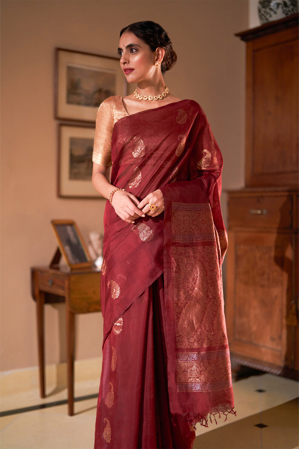 Brown Woven Pure Silk Cotton Saree image number null