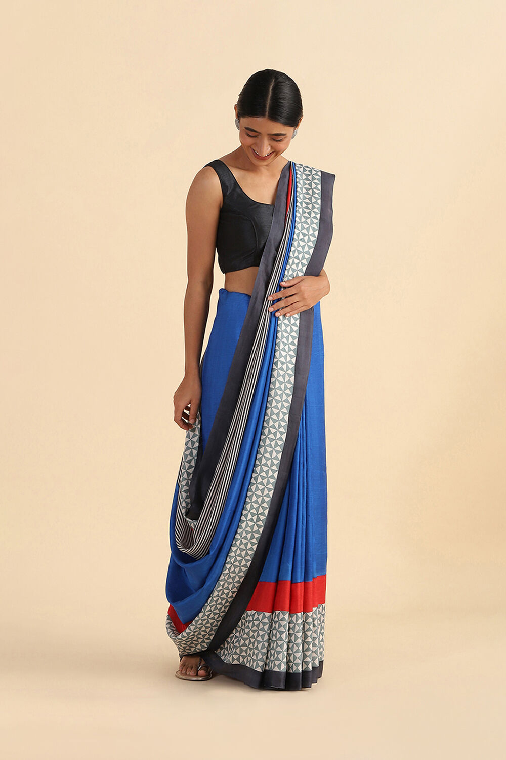 Blue Hand Blockprinted Pure Silk Saree image number null