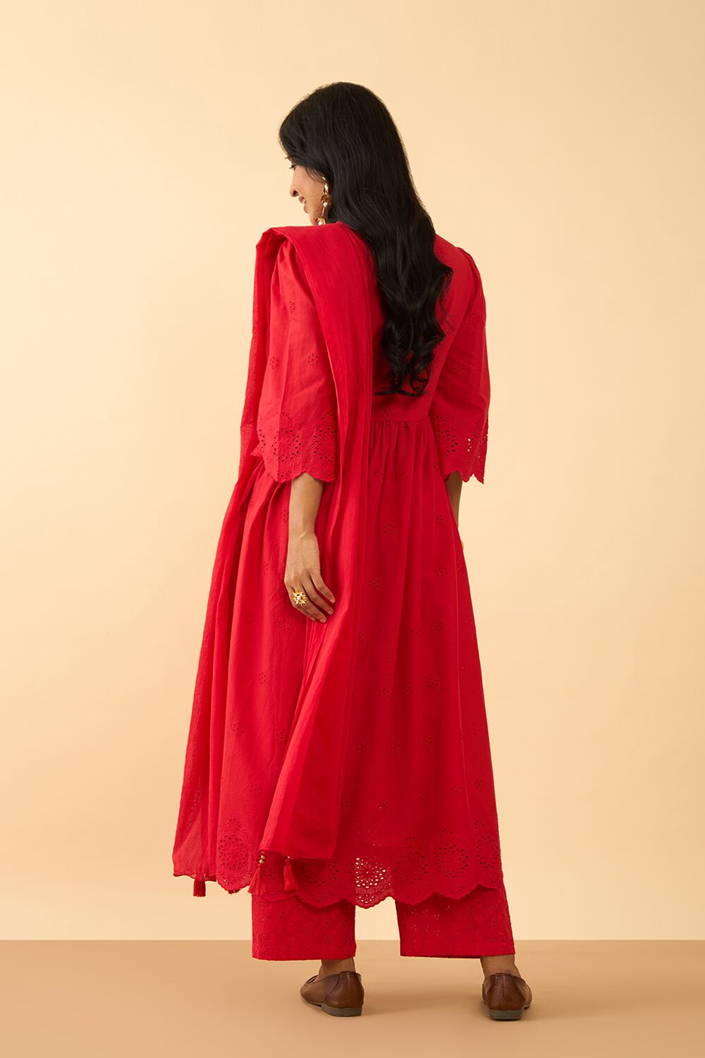 Red Embroidered Pure Cotton Kurta Set image number null