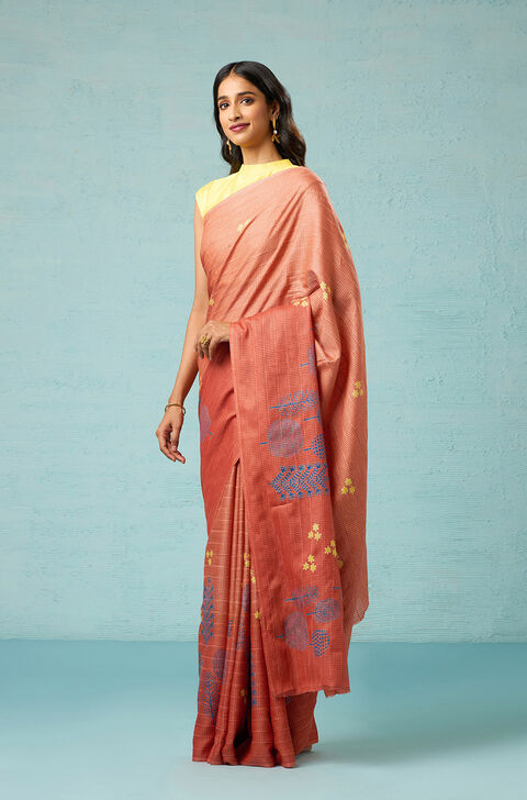 Orange Chattisgarh Block Printed Pure Tussar Silk Saree