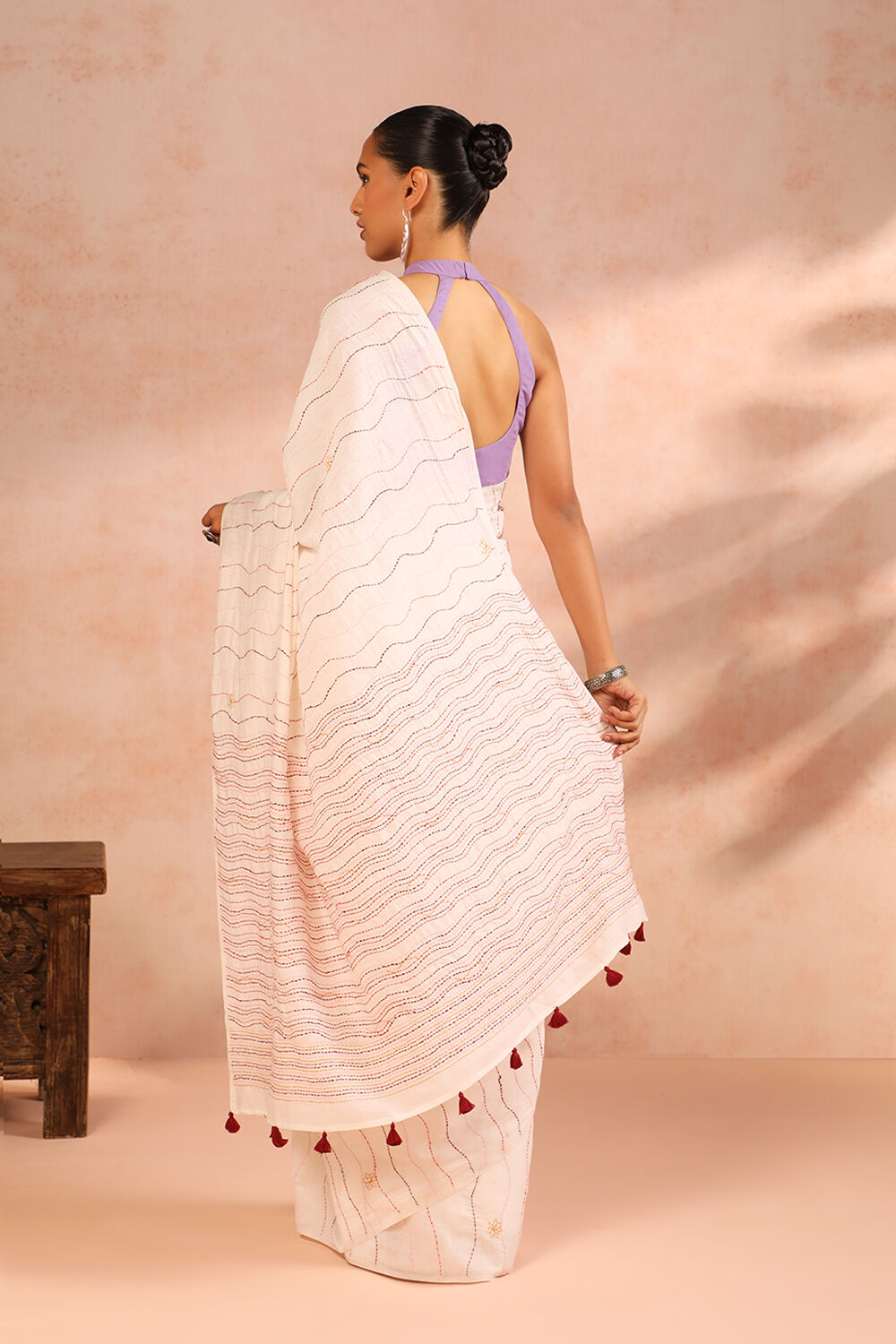 Off White Bengal Pure Silk Cotton Kantha Embroidered Saree image number null