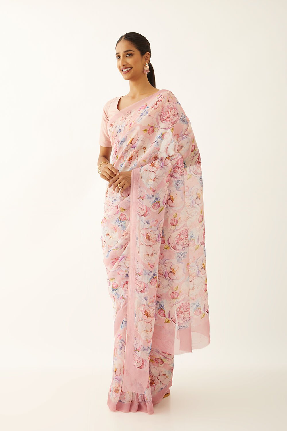 Light Pink Viscose Organza Digital Printed Saree image number null