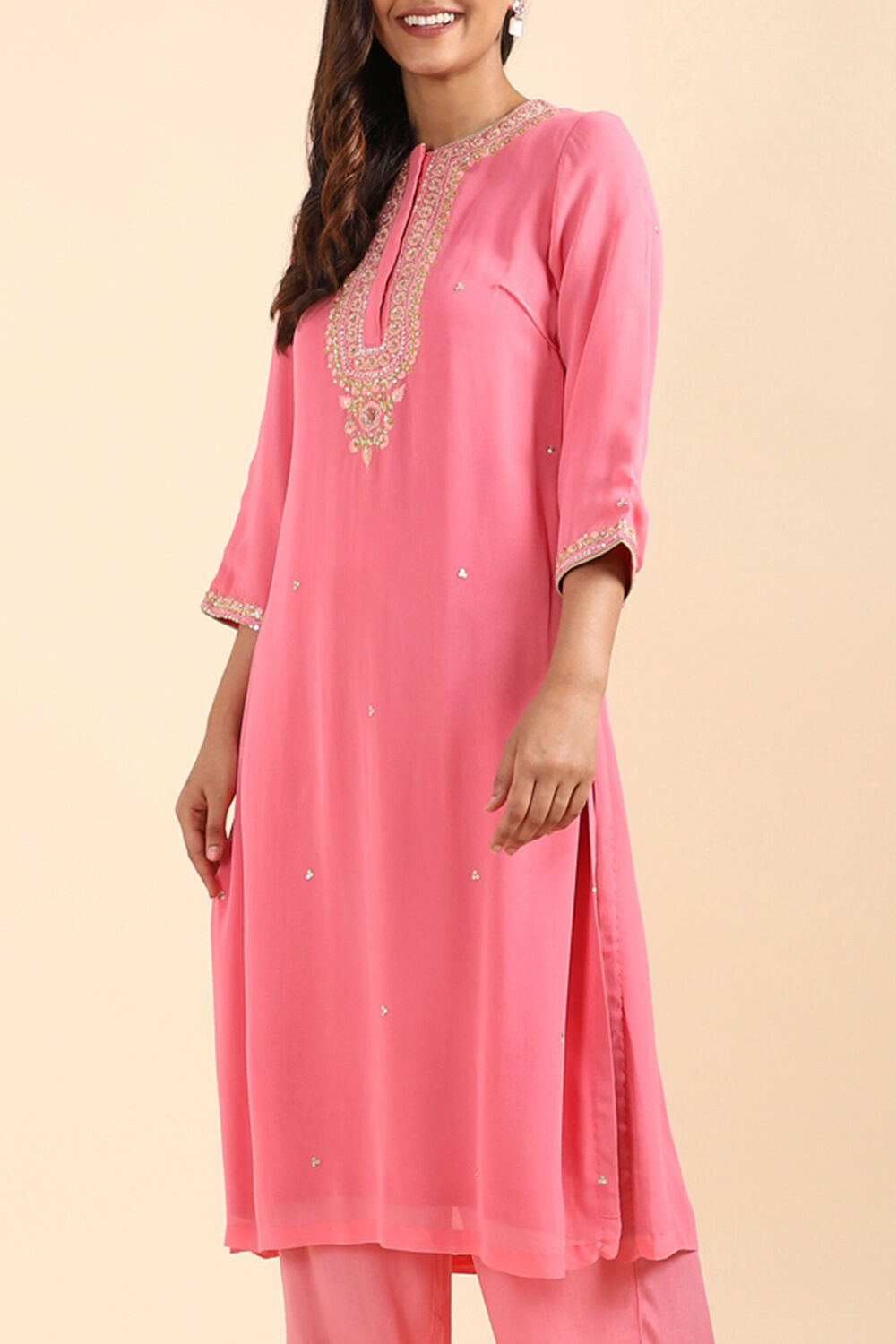 Pink Viscose Zardozi Embroidered Kurta Set image number null