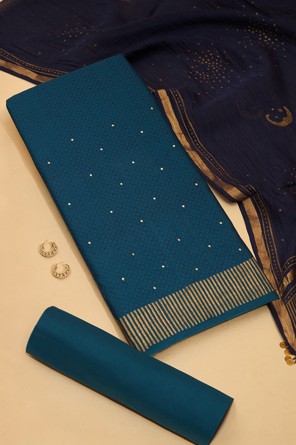 Dark Blue Block Printed Pure Silk Cotton Unstitched Suit Set image number null