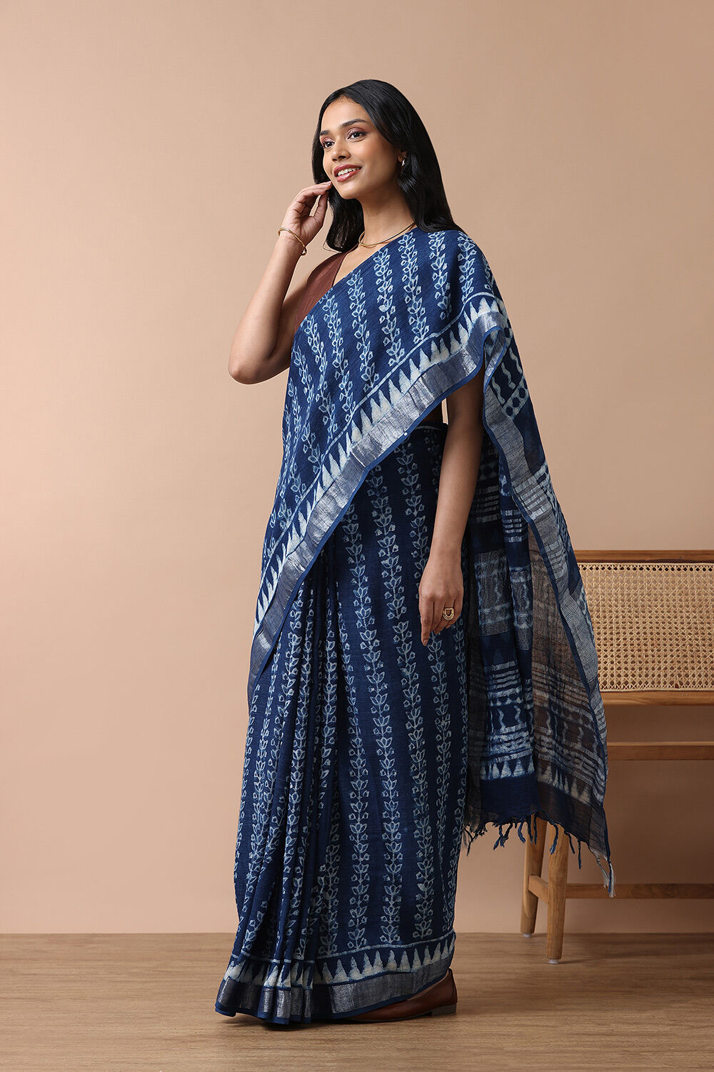 Blue Cotton Viscose Rajasthan Block Printed Saree image number null