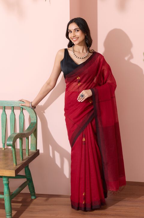 Dark Red Bengal Pure Silk Cotton Jamdani Saree