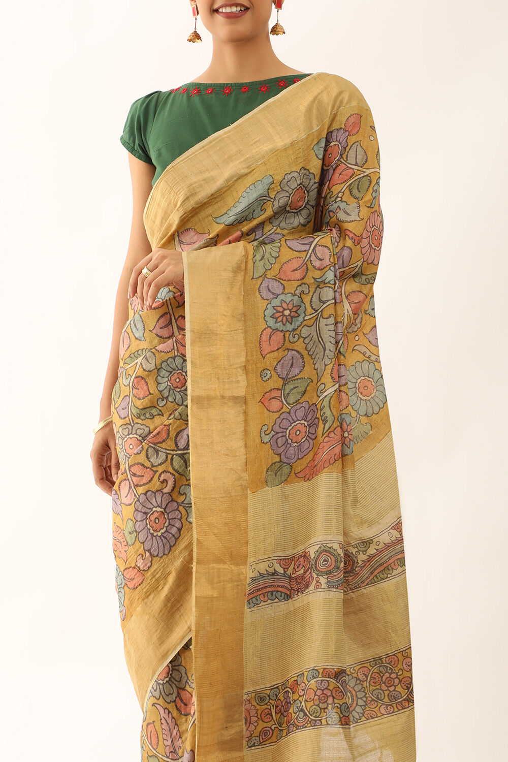 Yellow Srikalahasti Pure Tussar Silk Kalamkari Saree image number null