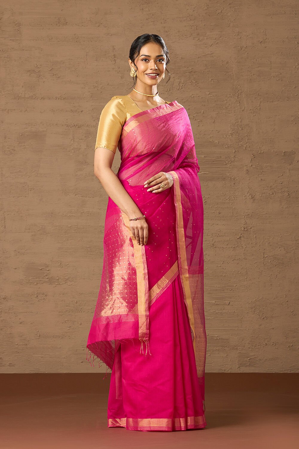 Pink Woven Pure Silk Cotton Bengal Saree image number null