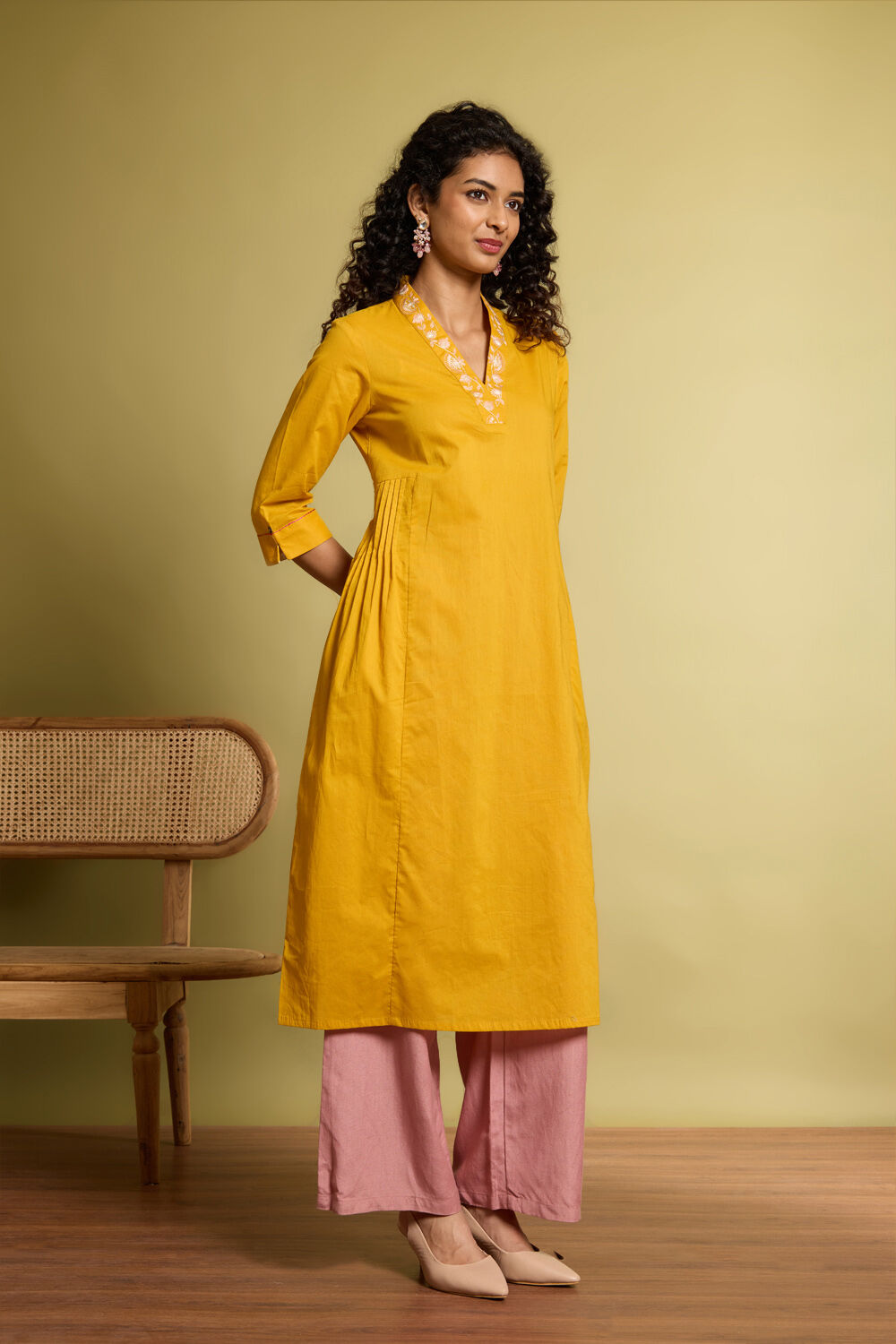 Yellow Embroidered Pure Cotton Kurta image number null