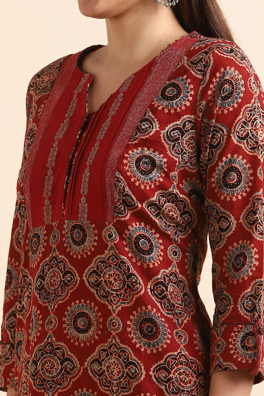 Dark Red Ajrakh Block Printed Cotton Kurta image number null