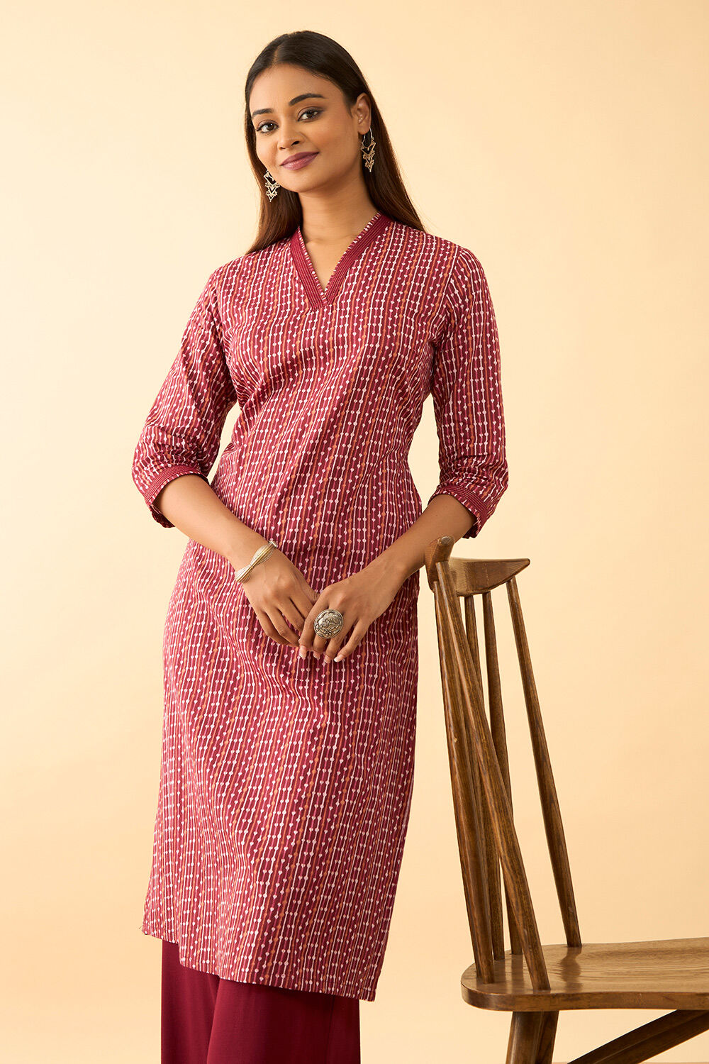 Dark Red Screen Printed Pure Cotton Kurta image number null