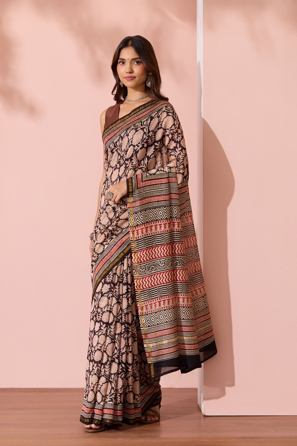 Black Bagru Bagru Block Printed Pure Silk Cotton Saree image number null