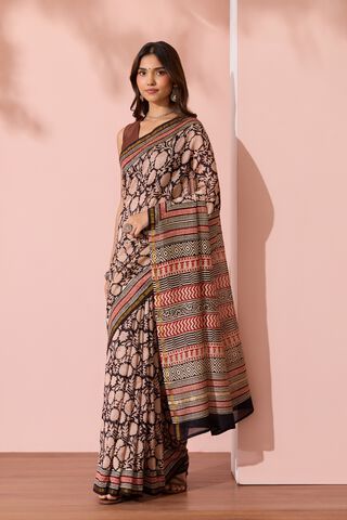 Black Bagru Bagru Block Printed Pure Silk Cotton Saree image number