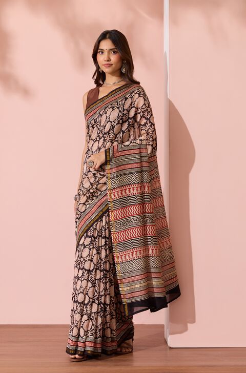 Black Bagru Bagru Block Printed Pure Silk Cotton Saree
