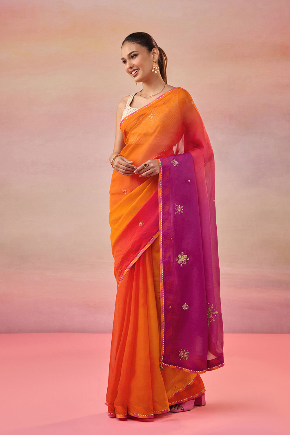 Orange Viscose Organza Embroidered Saree image number null