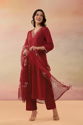 Red Pure Cotton Embroidered Kurta Set image number