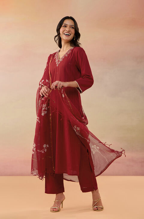 Red Pure Cotton Embroidered Kurta Set