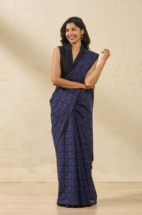 Dark Blue Bagh Block Printed Pure Cotton Saree