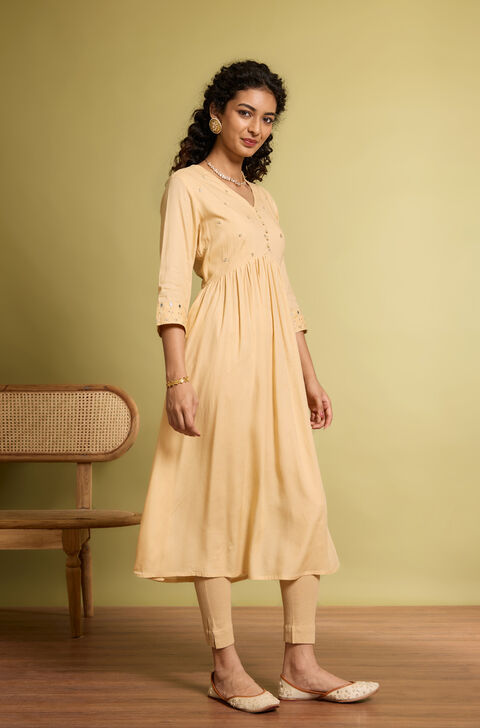 Off White Viscose Embroidered Kurta